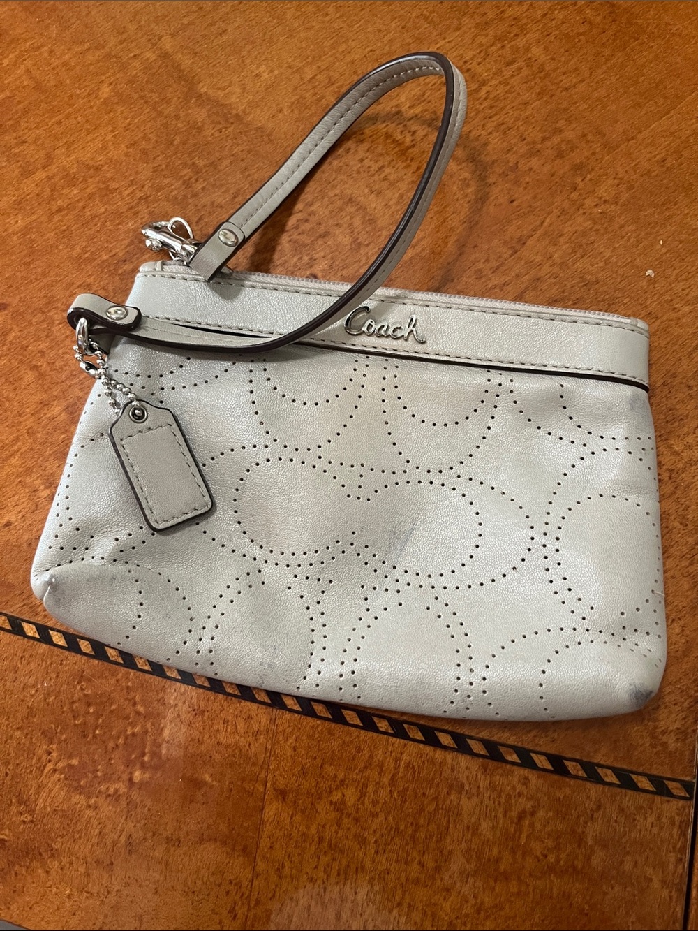 Coach Light Gray Perforated Leather Wristlet with Tag